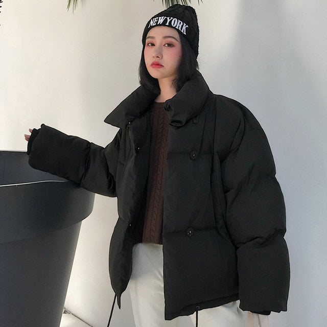 Korean Style 2019 Winter Jacket Women Stand Collar Solid Black White Female Down Coat Loose Oversized Womens Short Parka - Lifestyles Intra Asia