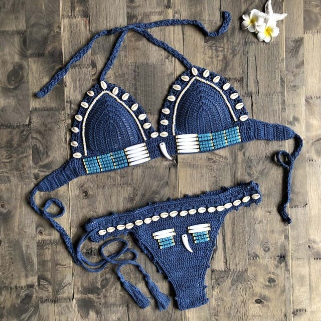 Sexy Blue Shell Beaded Bikinis Set Handmade Crochet High Quality Swimsuit Women Push Up Swimwear Knitted Beach Wear Bathing Suit - Lifestyles Intra Asia