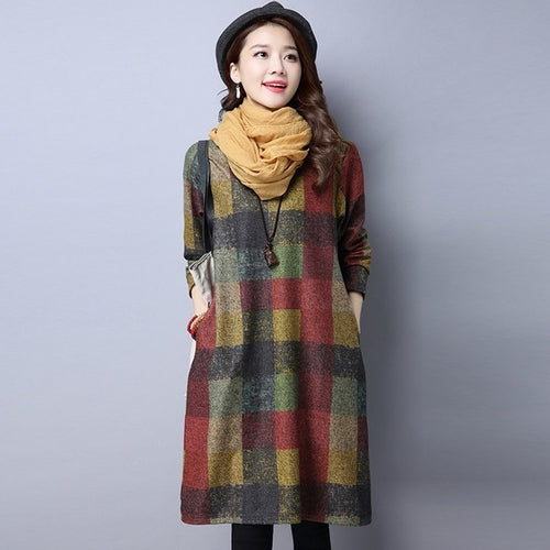 long sleeve cotton wool vintage plus size loose casual midi dress winter clothes - Lifestyles Intra Asia