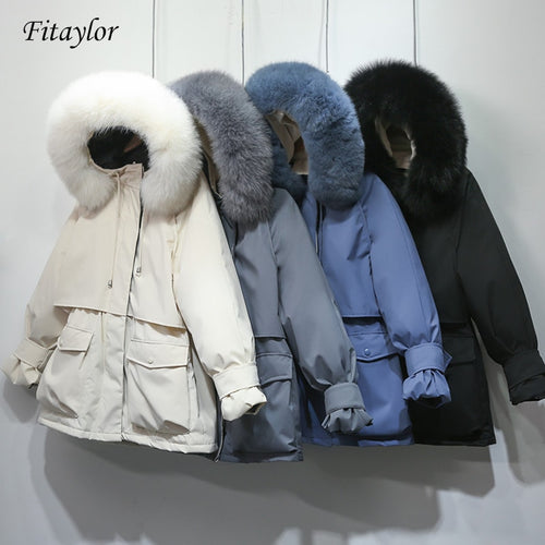 Fitaylor Winter Jacket Women Large Natural Fox Fur White Duck Down Coat Thick Parkas Warm Sash Tie Up Zipper Down Snow Outerwear - Lifestyles Intra Asia