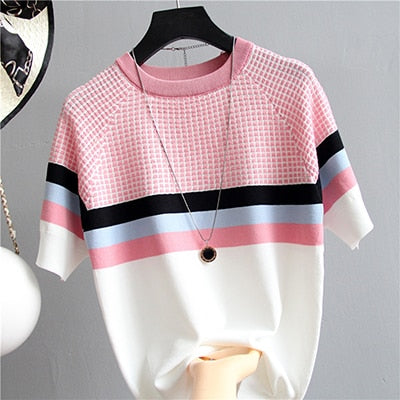 Short Sleeved Sweater Women Striped Top 2019 Plaid Knitted Cotton Woman Clothes - Lifestyles Intra Asia
