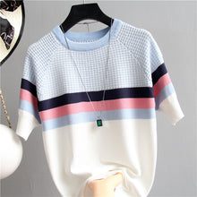 Load image into Gallery viewer, Short Sleeved Sweater Women Striped Top 2019 Plaid Knitted Cotton Woman Clothes - Lifestyles Intra Asia