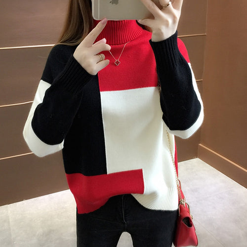 Knitted Sweater Women Red Patchwork Turtleneck Knitted Winter Jumper Pullover Casual Women Clothes - Lifestyles Intra Asia