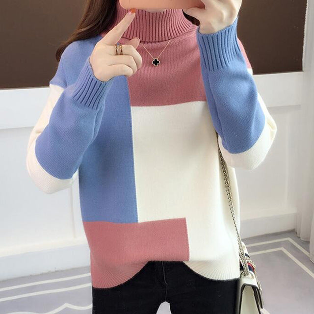 Knitted Sweater Women Red Patchwork Turtleneck Knitted Winter Jumper Pullover Casual Women Clothes - Lifestyles Intra Asia