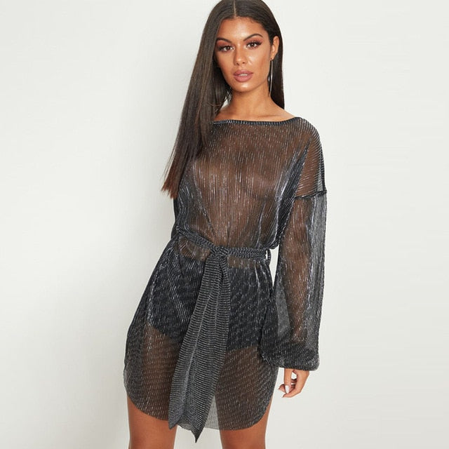 2019 Sexy Transparent Beach Dress Women Bikini Swimsuit Cover Up Long Sleeve Tunics Swim Dress Bathing Suits Cover-Ups Beachwear - Lifestyles Intra Asia