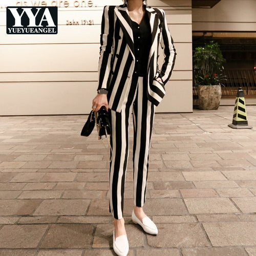 2019 New Winter Womens Striped Double Breasted Blazer Jacket Slim Fit Pencil Pants 2 Pieces Suits Sets Business OL Sets Female - Lifestyles Intra Asia