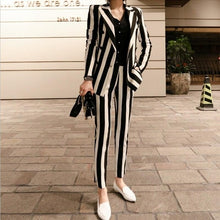 Load image into Gallery viewer, 2019 New Winter Womens Striped Double Breasted Blazer Jacket Slim Fit Pencil Pants 2 Pieces Suits Sets Business OL Sets Female - Lifestyles Intra Asia