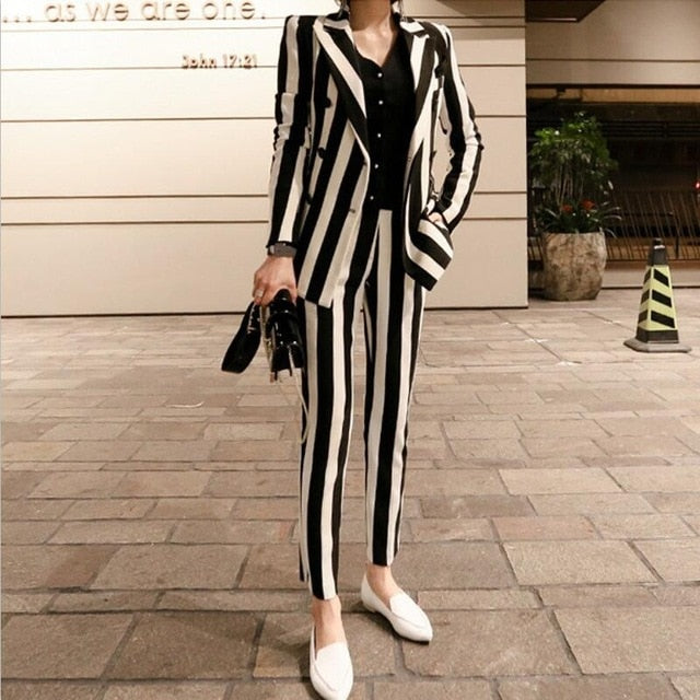2019 New Winter Womens Striped Double Breasted Blazer Jacket Slim Fit Pencil Pants 2 Pieces Suits Sets Business OL Sets Female - Lifestyles Intra Asia