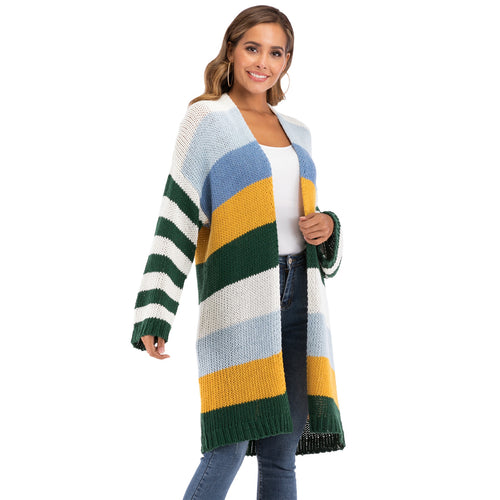 WOMEN Winter Coat Warm Cross Border Casual Long Joint Contrast Color Striped Oversize Knitted Sweater Cardigan Patched Outwear Coats - Lifestyles Intra Asia