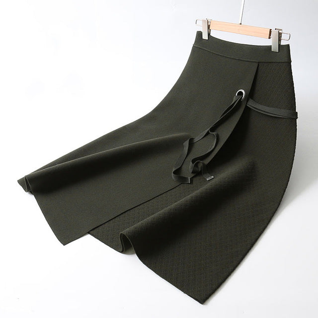 Women Knitted Midi Skirts Lace-Up Women High Waist Winter Skirts A-Line Saia Faldas Women Clothes - Lifestyles Intra Asia