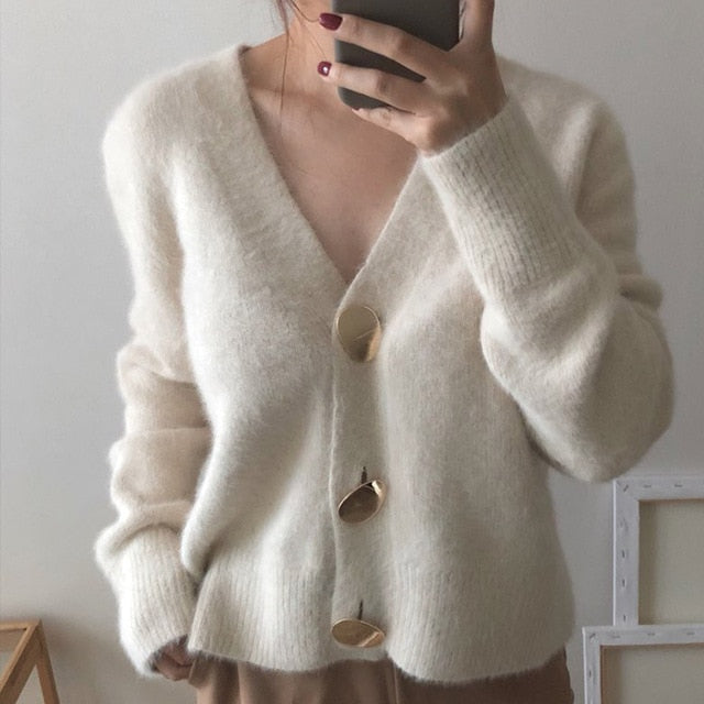 Women Short Wool Cardigan Cashmere Crop Sweater Winter Ladies V neck Jacket Female Loose Casual Thick Autumn Clothes korean knit - Lifestyles Intra Asia