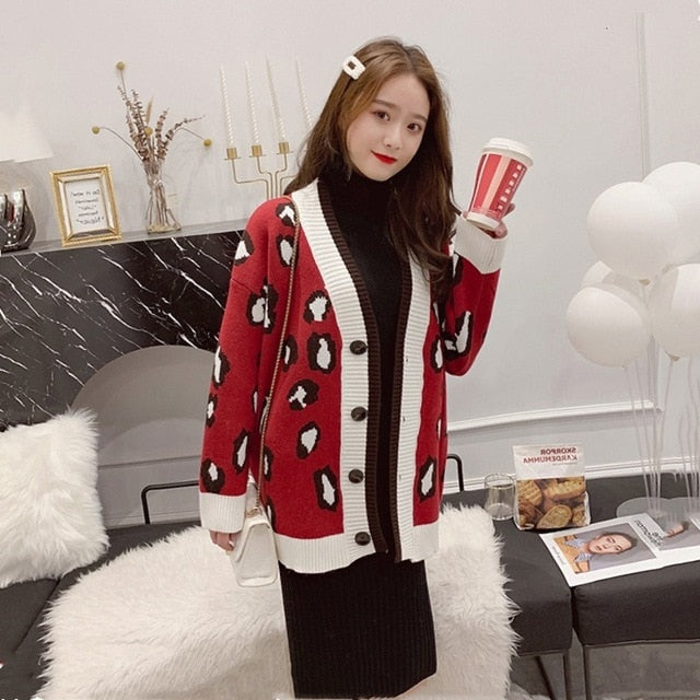 SHENGPALAE 2020 New Fashion Autumn V-neck Single Breasted Leopard Print Cardigans Women Loose Casual Korean Tide Sweater FV110 - Lifestyles Intra Asia