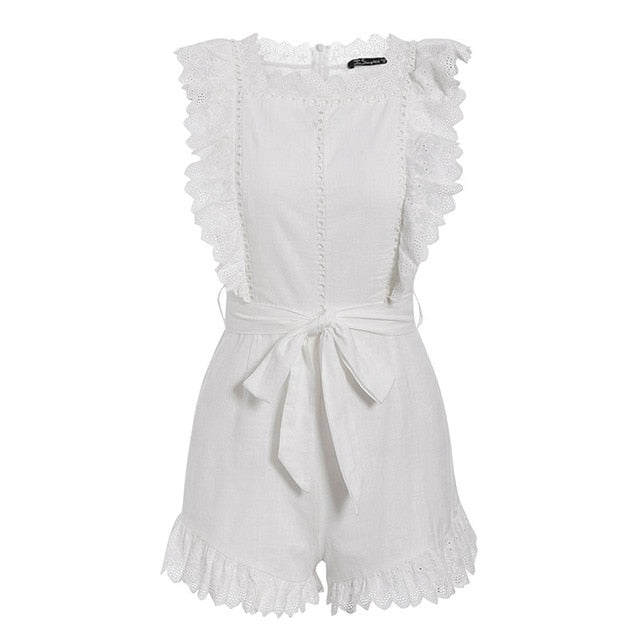 JaMerry Elegant ruffle sleeveless playsuit women Hollow out white female jumpsuit romper Holiday summer cotton jumpsuit overalls - Lifestyles Intra Asia