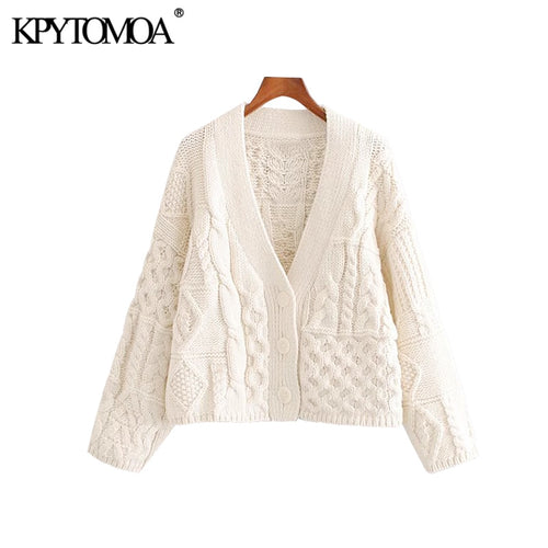Vintage Stylish Patchwork Cable Knitted Sweater Women 2020 Fashion V Neck Long Sleeve Female Pullovers Chic Short Style Tops - Lifestyles Intra Asia