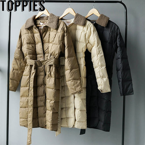 Winter Jacket Women Long Coat Lamb Wool Collar Parka Button Belt Women Clothes - Lifestyles Intra Asia