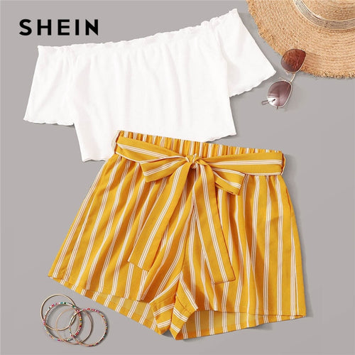 SHEIN Off Shoulder Rib-Knit Crop Top and Self Belted Striped Shorts Set 2 Piece Set Women Summer Boho Wide Leg Two Piece Set - Lifestyles Intra Asia