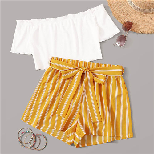 SHEIN Off Shoulder Rib-Knit Crop Top and Self Belted Striped Shorts Set 2 Piece Set Women Summer Boho Wide Leg Two Piece Set - Lifestyles Intra Asia